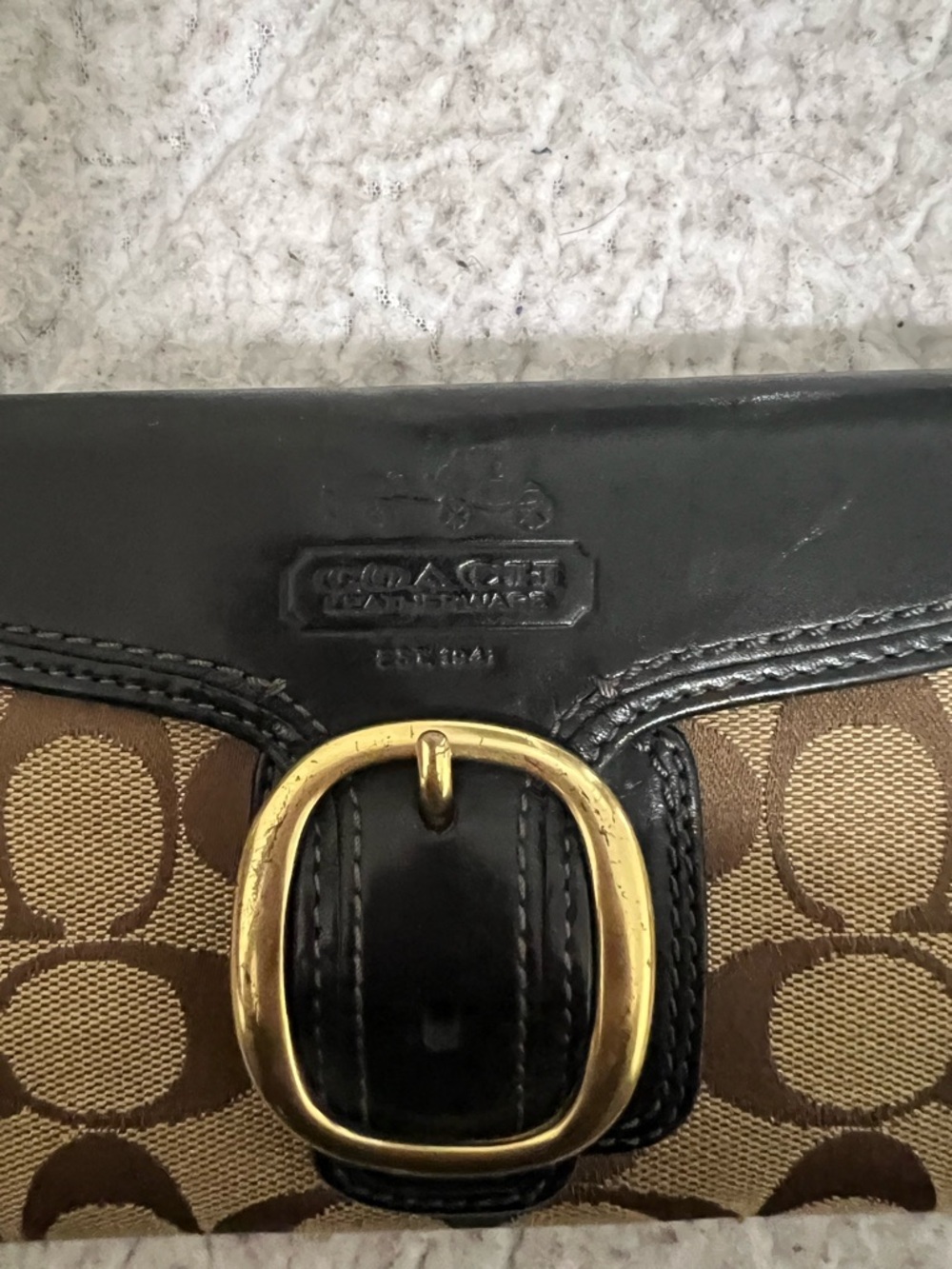 Coach Brown Signature Canvas Wallet with Black Trim and Gold Buckle - Picture 2 of 15